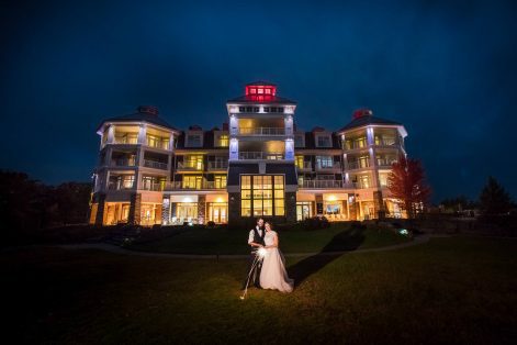 Bride and groom with sparklers at JW Marriott in Muskoka